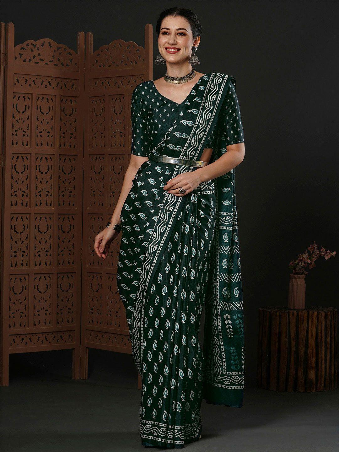 anouk teal blue ethnic motifs printed dola silk dabu saree