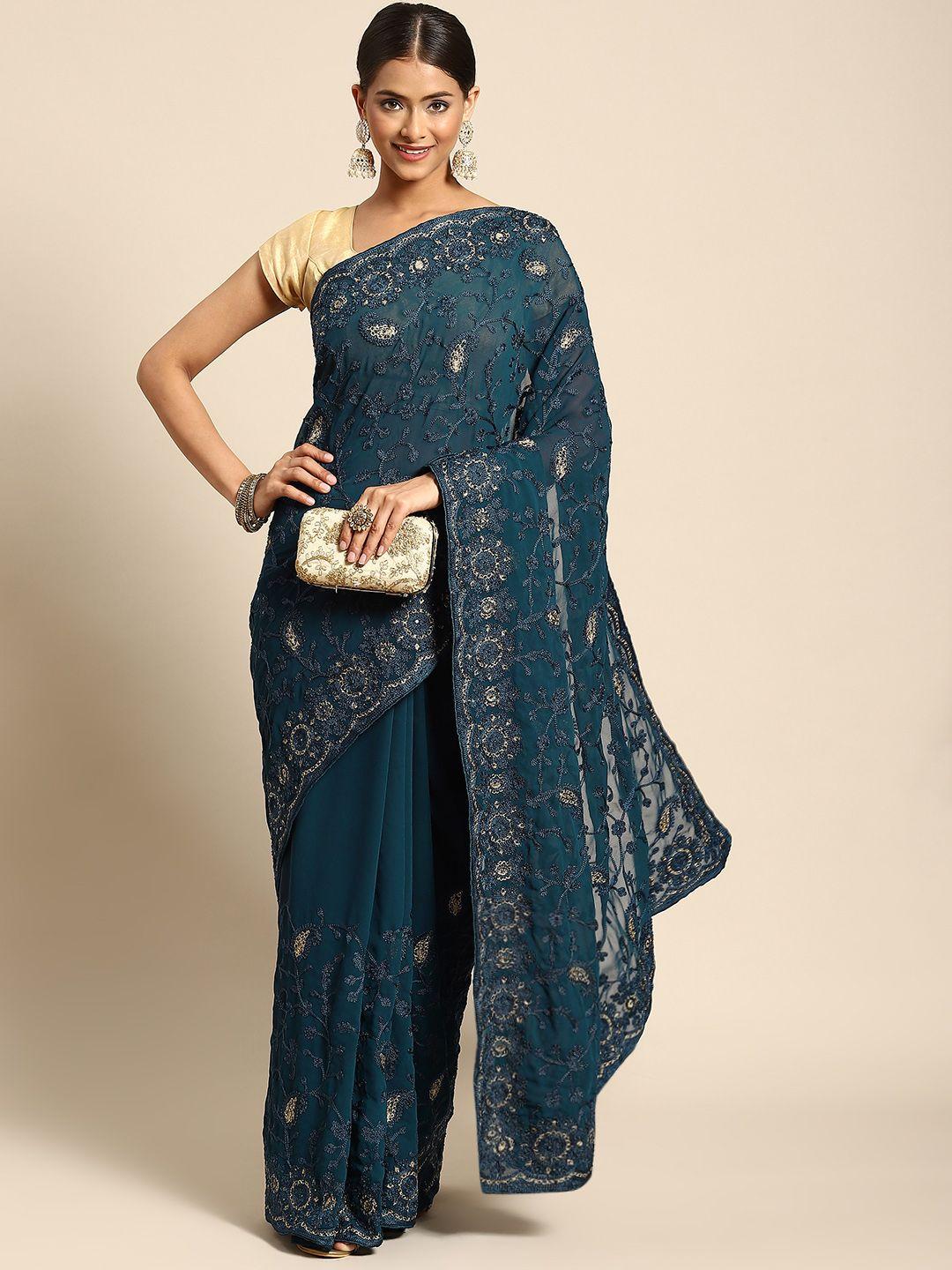 anouk teal blue ethnic motifs saree