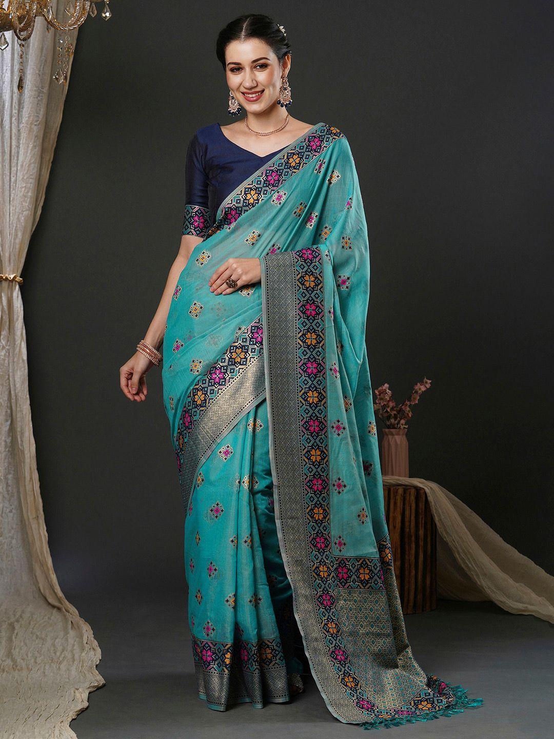 anouk teal blue ethnic motifs woven design zari silk cotton saree