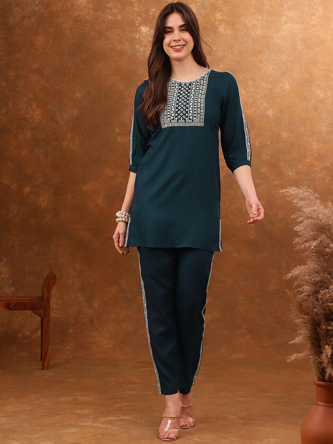 anouk teal embroidered tunic & trousers co-ords