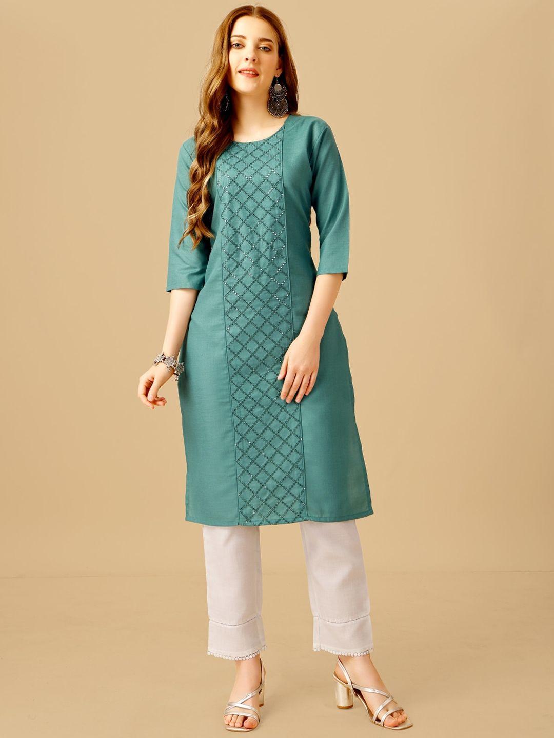 anouk teal ethnic motif embroidered regular sequinned straight kurta with trousers