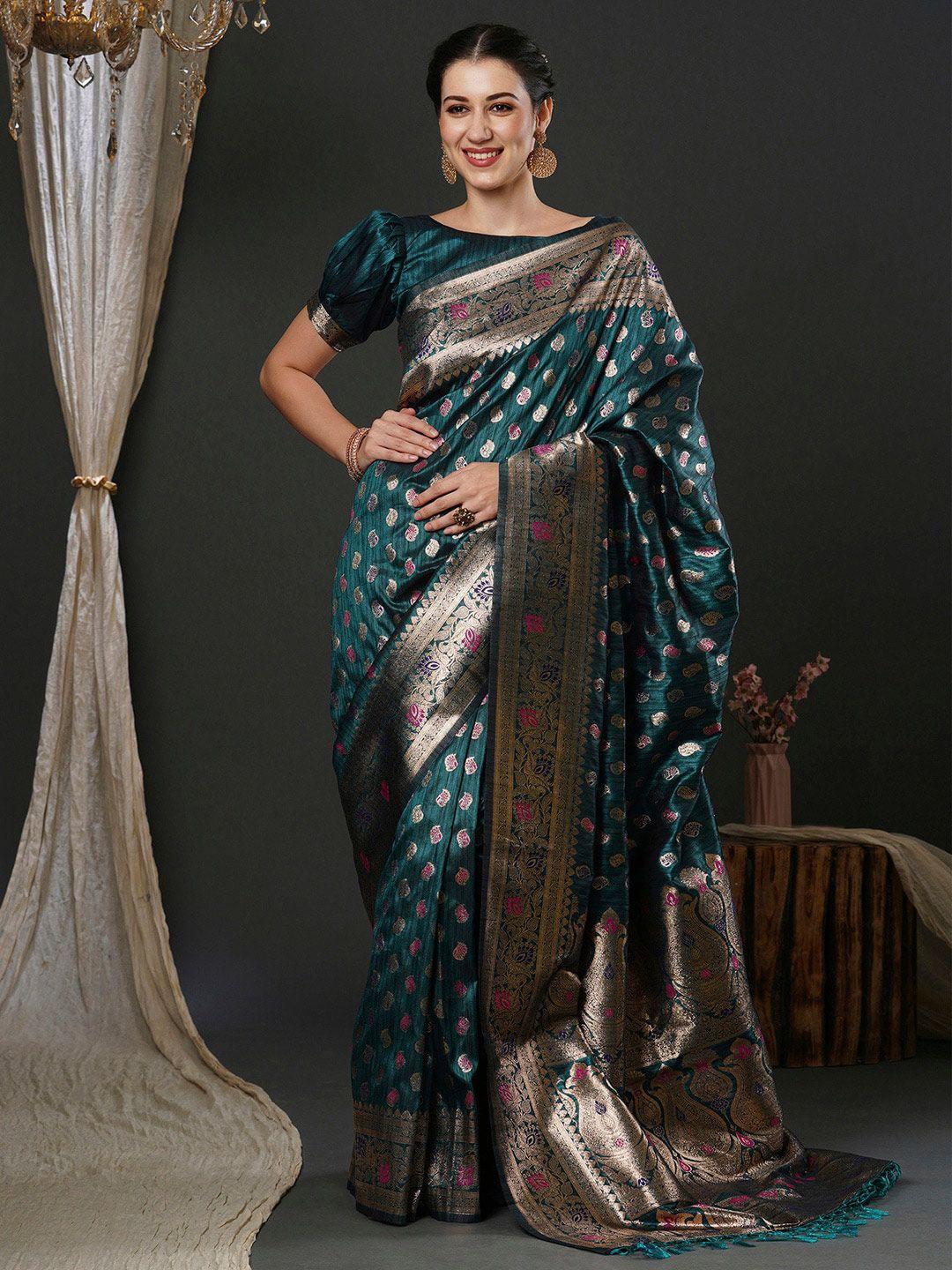 anouk teal ethnic motifs woven design silk blend banarasi saree