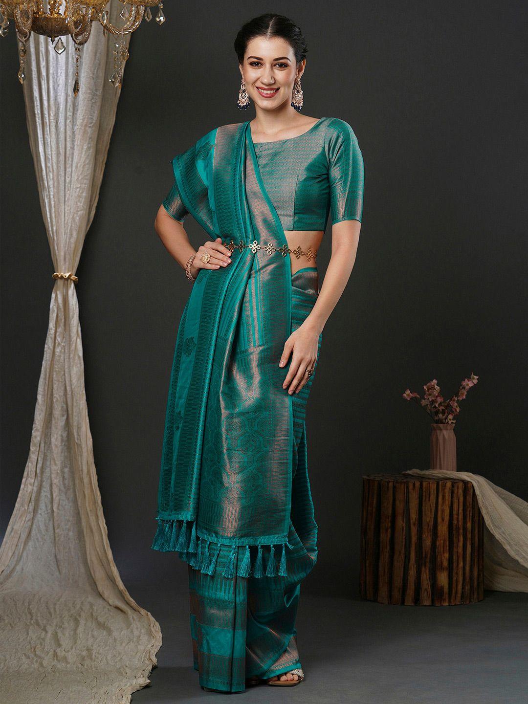 anouk teal ethnic motifs woven design zari kanjeevaram saree