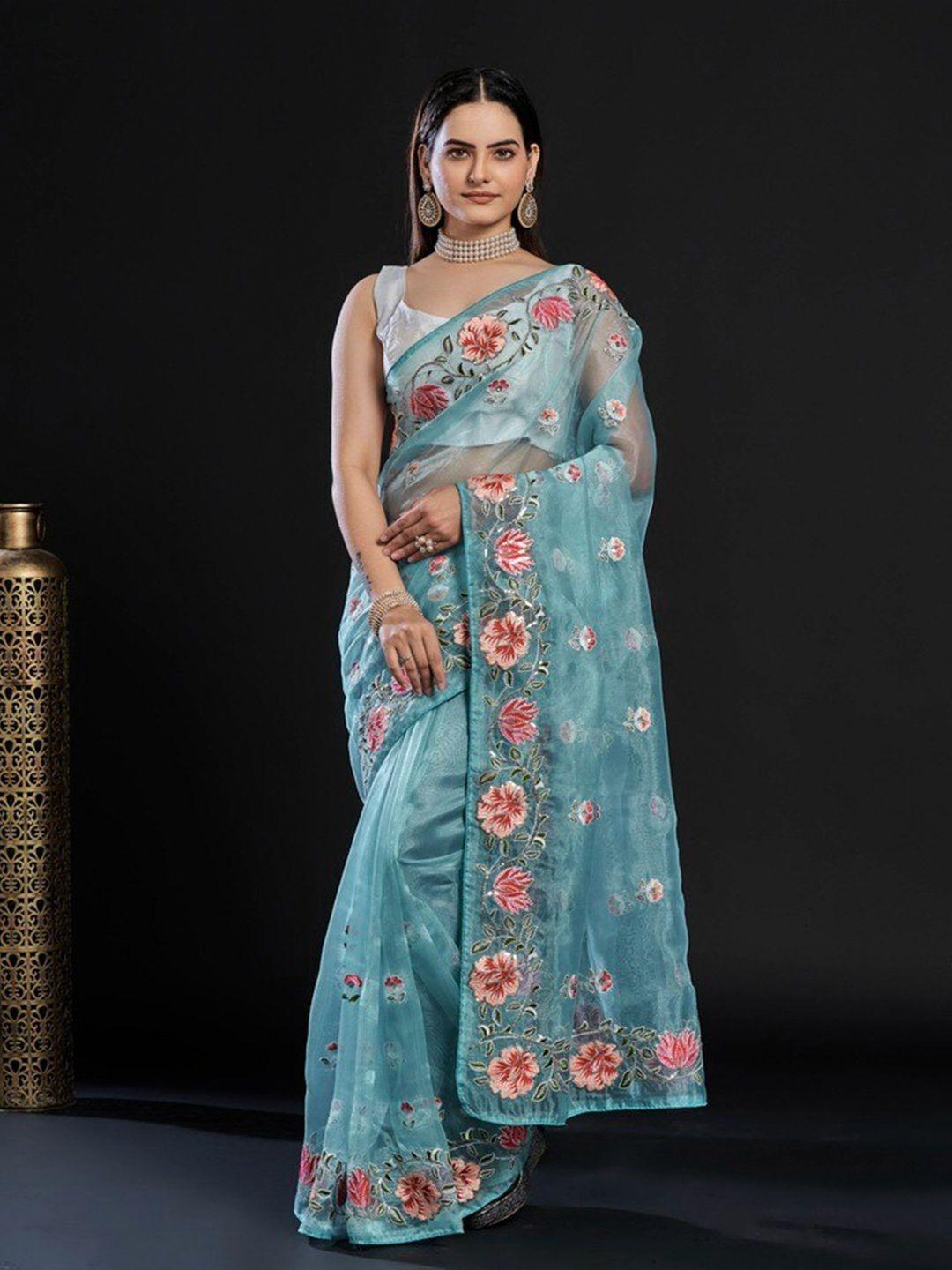 anouk teal floral embroidered sequinned organza saree