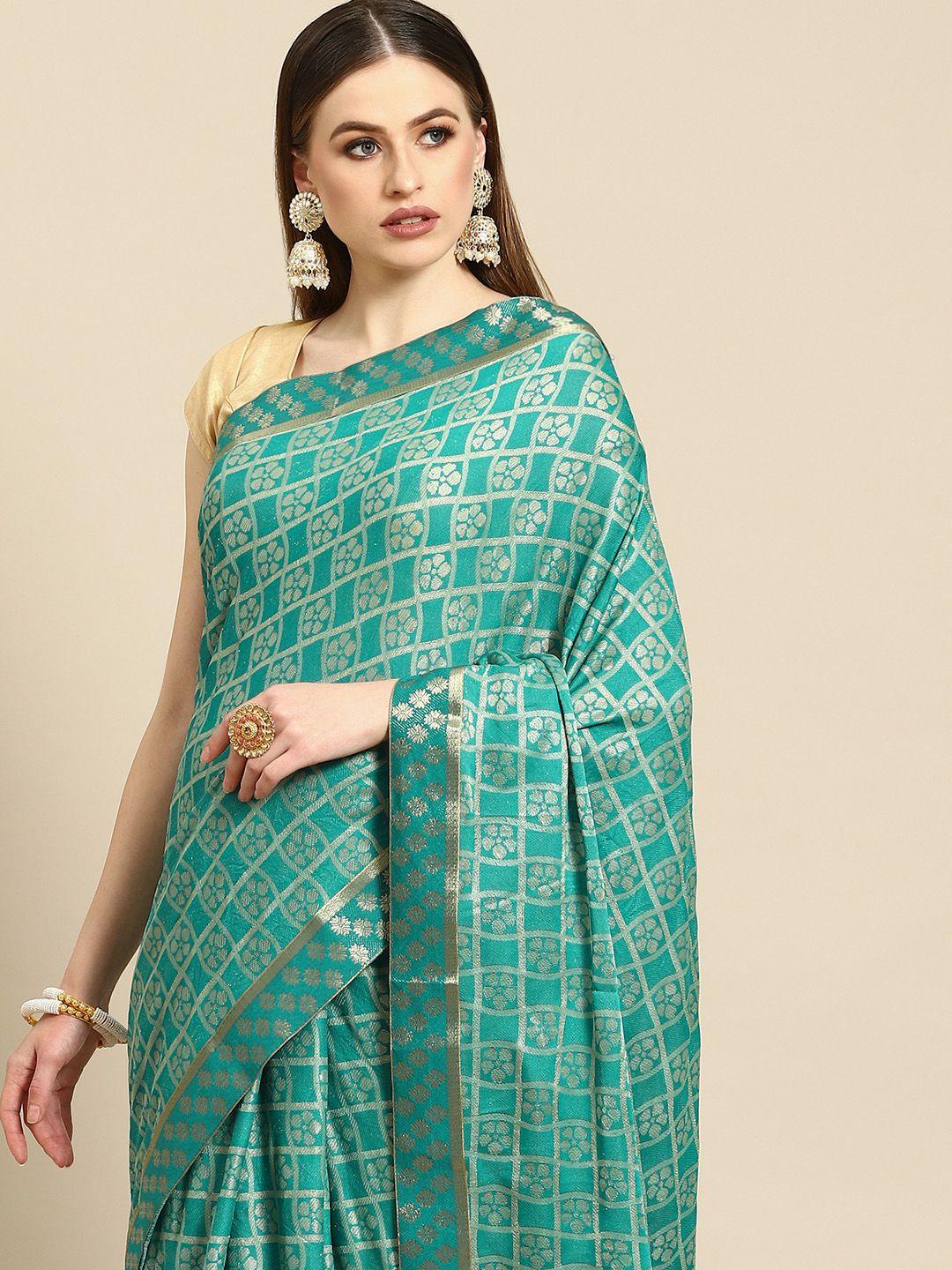 anouk teal green & gold-coloured ethnic motifs polyester saree