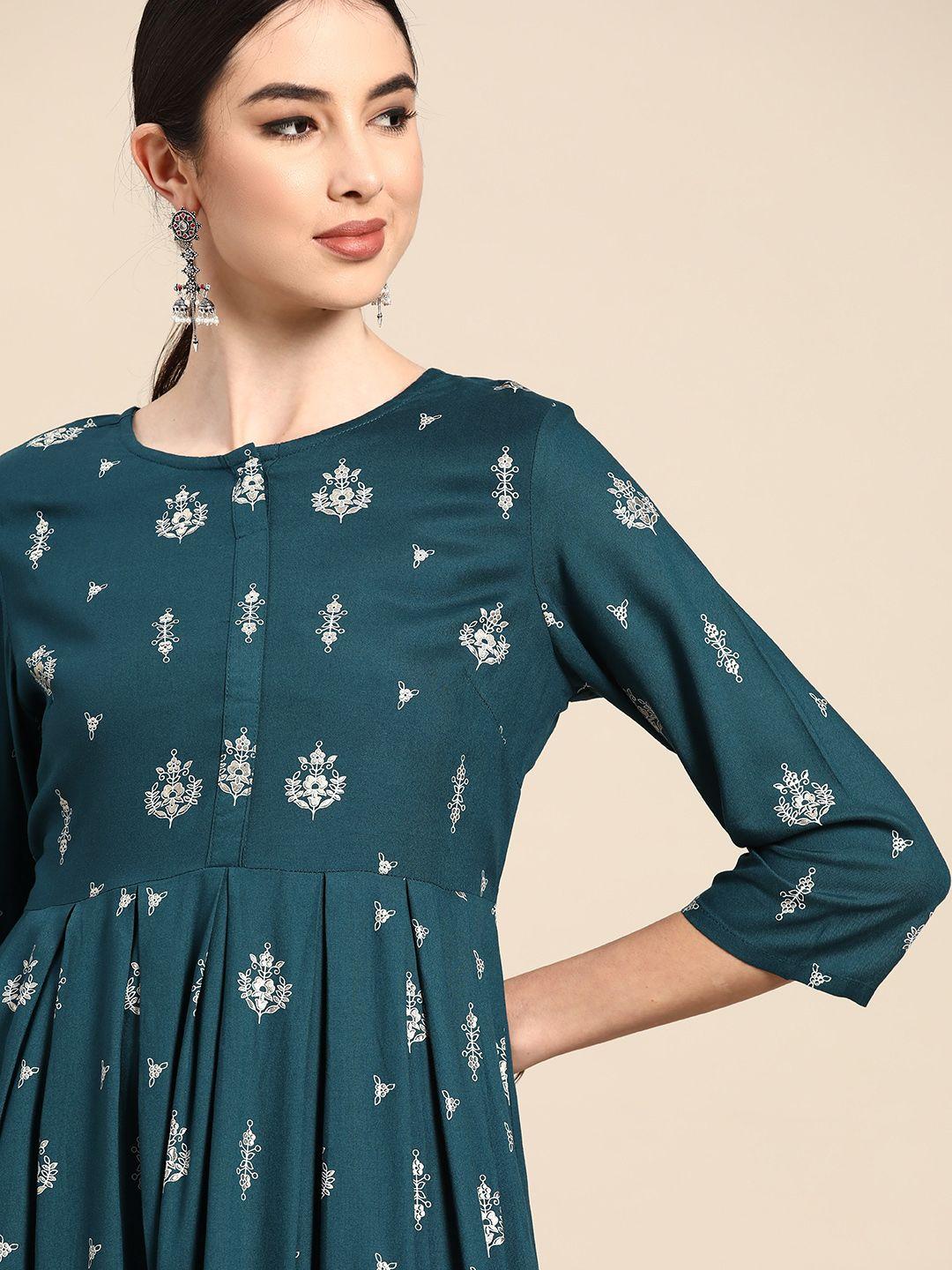 anouk teal green & gold ethnic motifs foil print cotton midi fit & flare dress