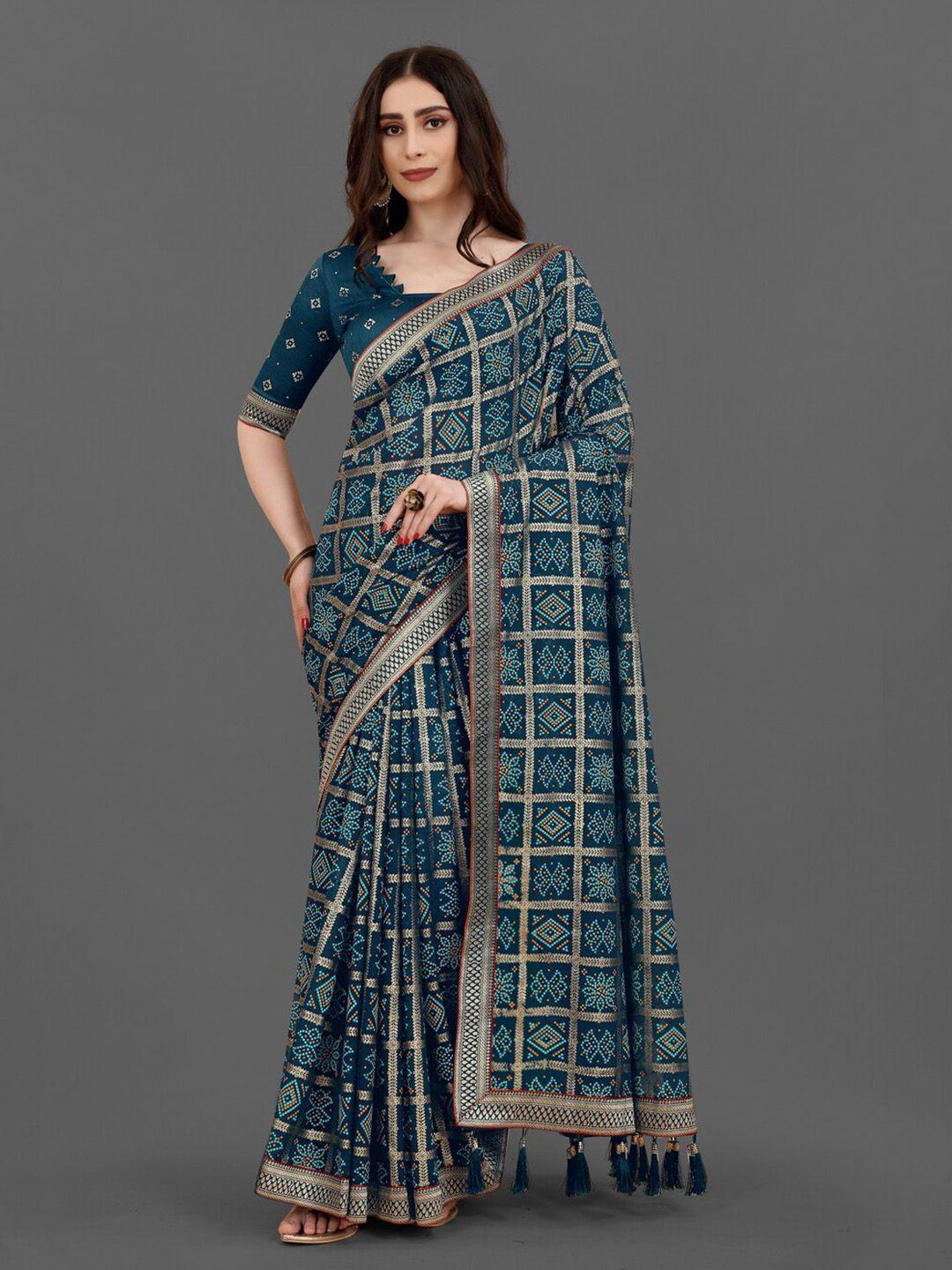 anouk teal green & gold-toned bandhani printed zari pure georgette saree