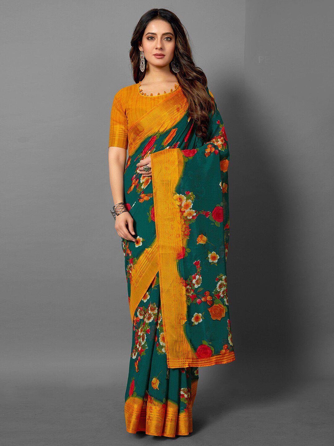 anouk teal green & red floral printed zari sungudi saree