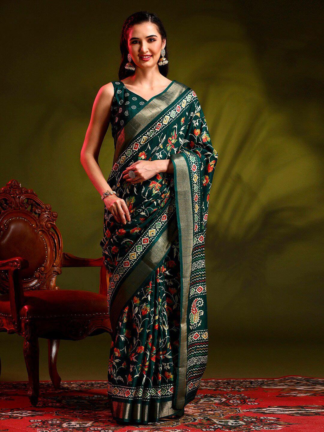 anouk teal green floral printed zari detailed saree