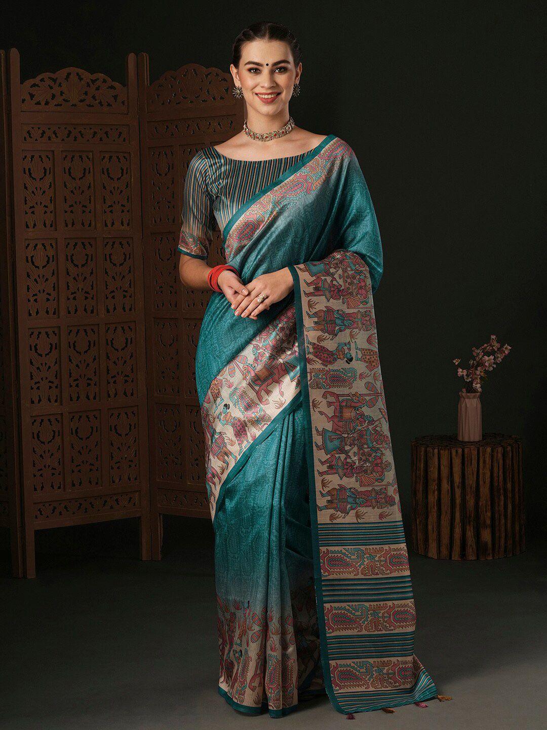 anouk teal kalamkari silk blend designer dabu saree