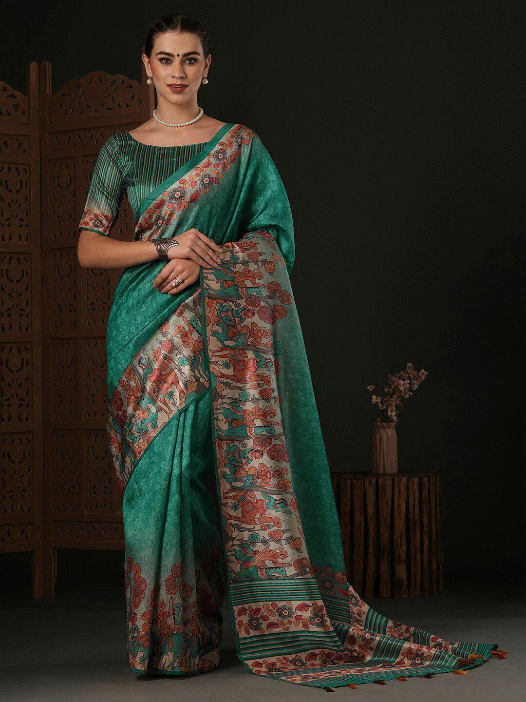 anouk teal kalamkari silk blend designer dabu saree