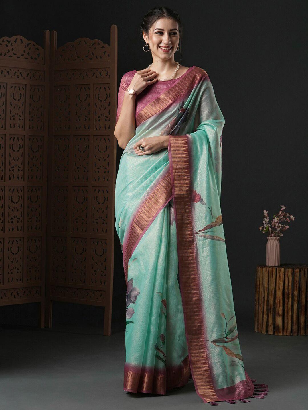 anouk turquoise blue & burgundy floral printed zari organza sungudi saree