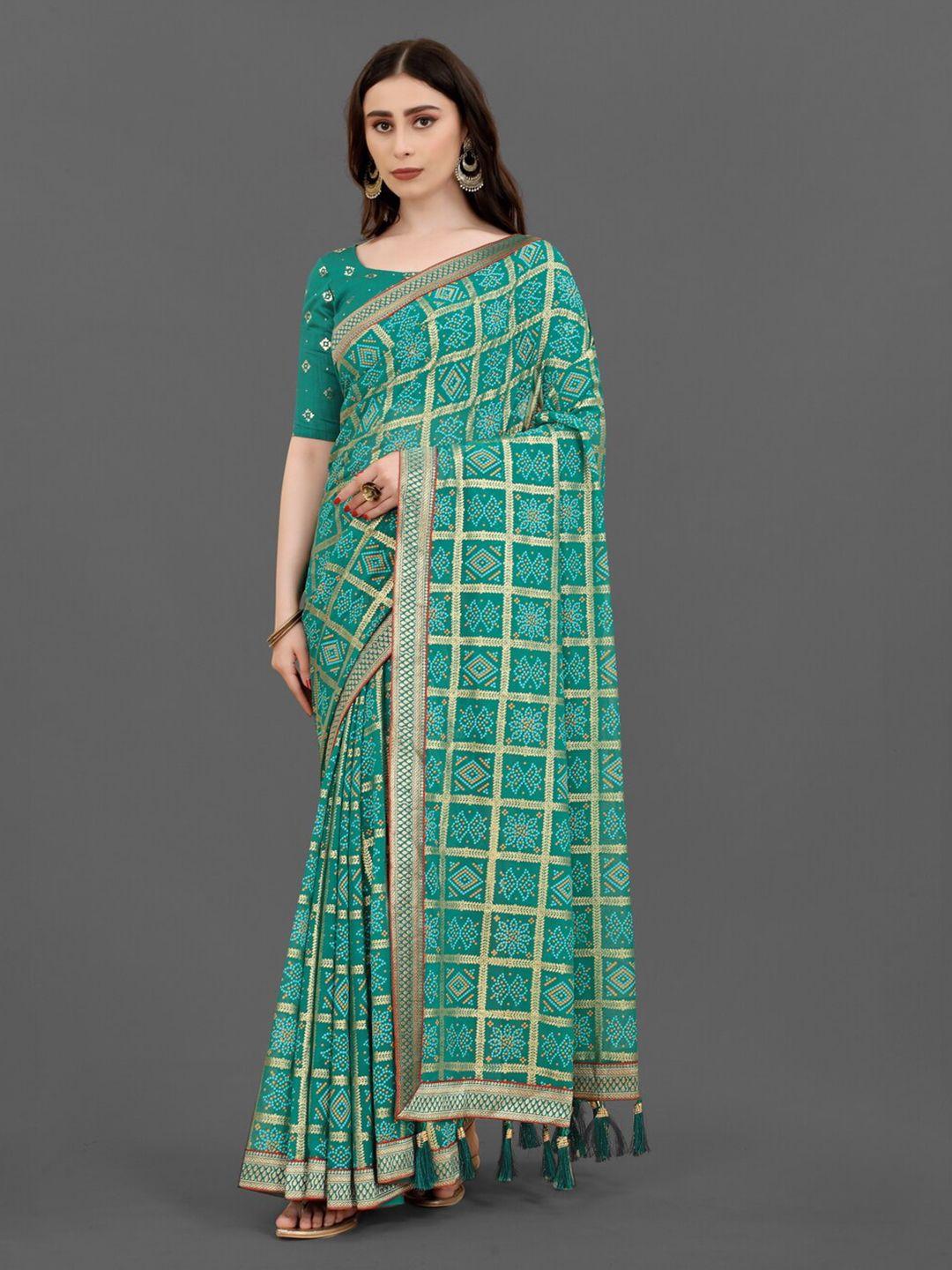 anouk turquoise blue & gold-toned bandhani printed pure georgette saree