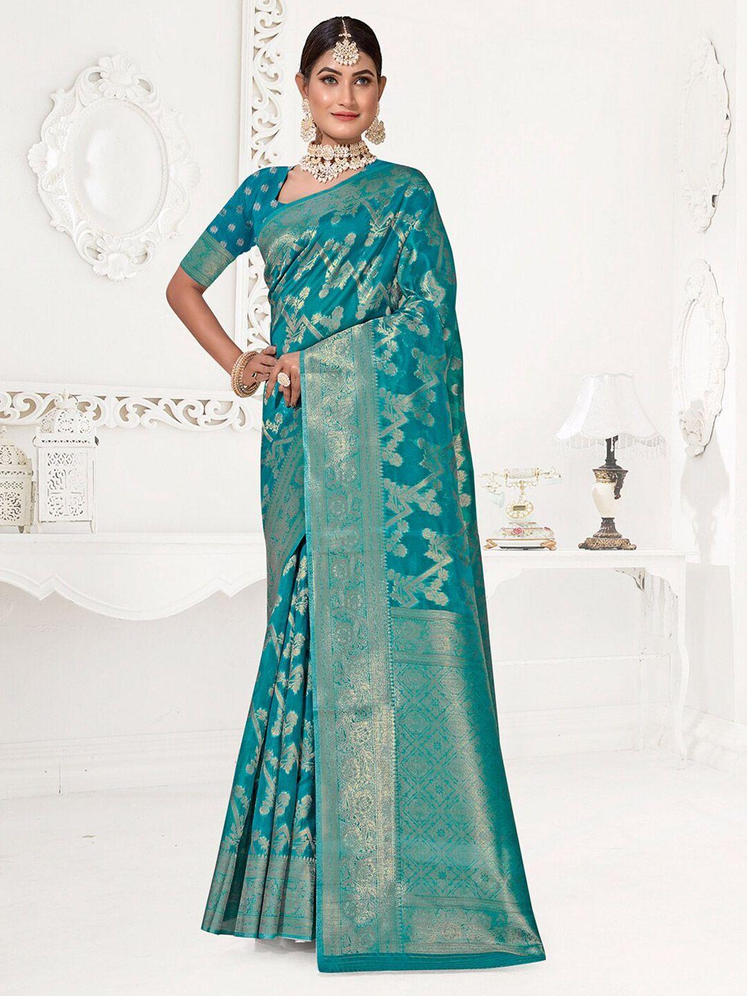 anouk turquoise blue & gold-toned ethnic motif woven design zari organza saree