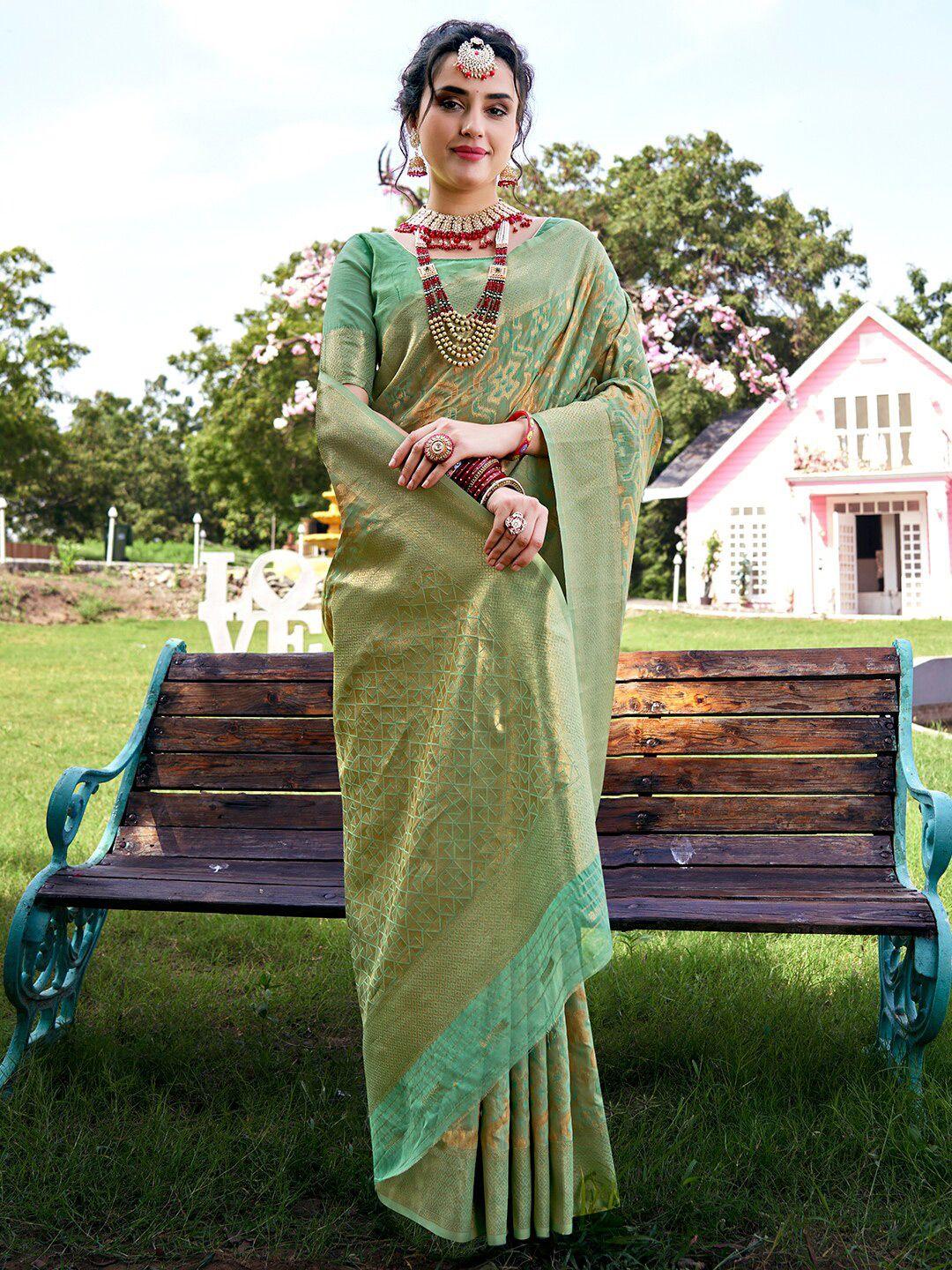 anouk turquoise blue & gold-toned ethnic motifs woven design zari saree