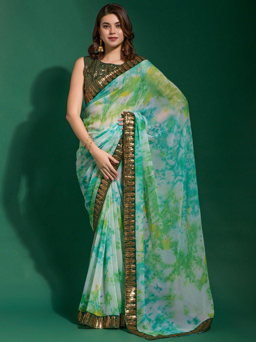 anouk turquoise blue & green tie and dye sequinned pure chiffon saree