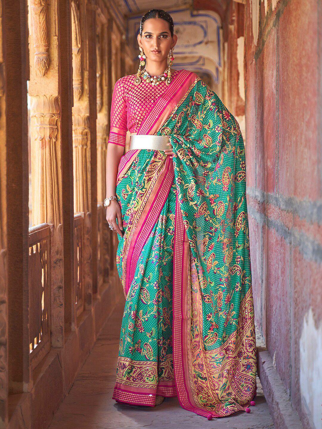 anouk turquoise blue & pink ethnic motifs pure georgette bandhani saree