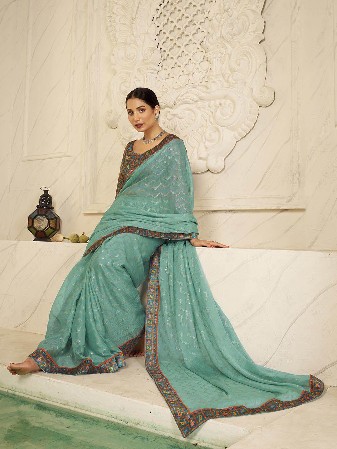 anouk turquoise blue & red striped pure chiffon saree