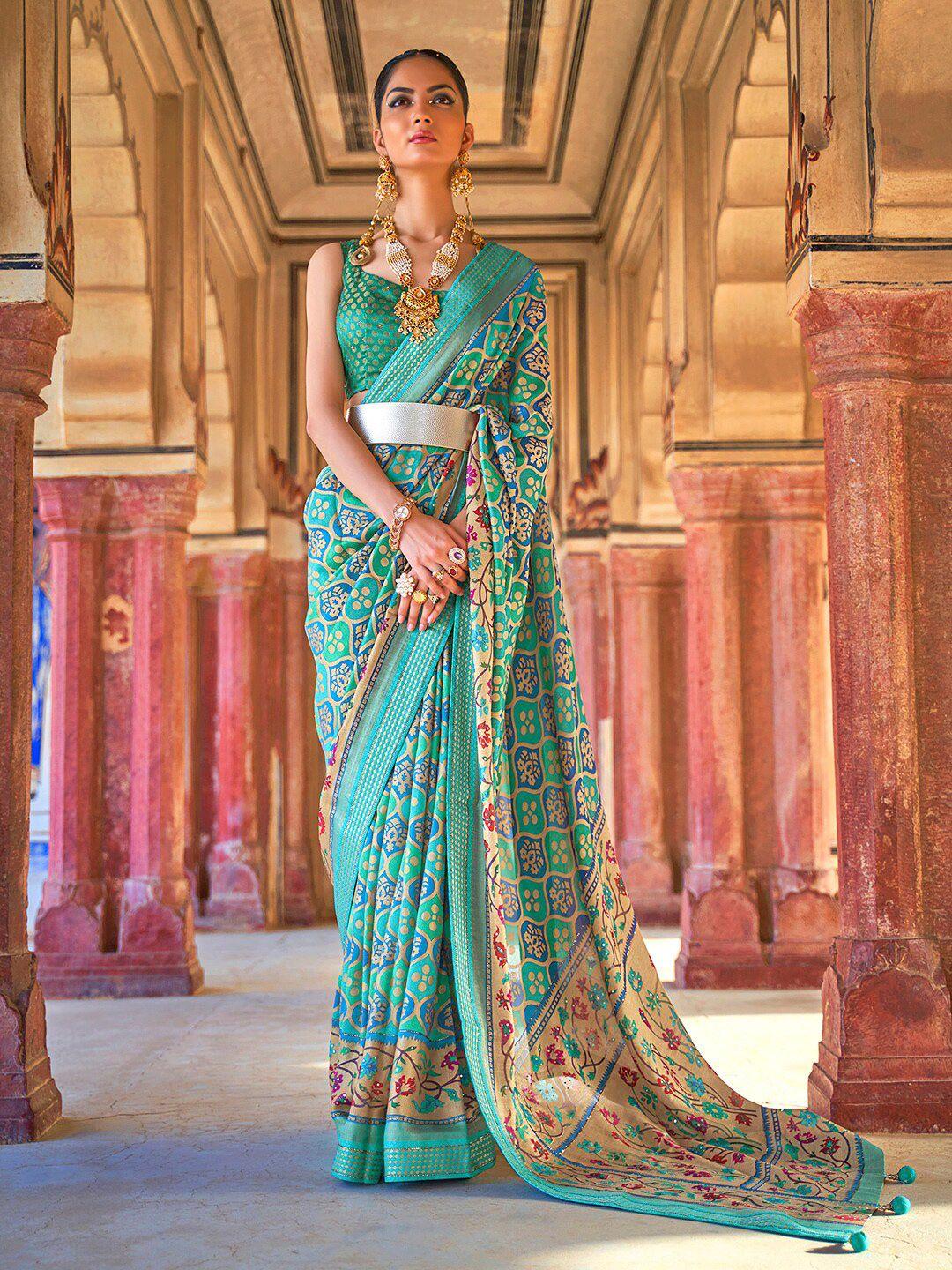 anouk turquoise blue & yellow ethnic motifs zari pure georgette bagru saree