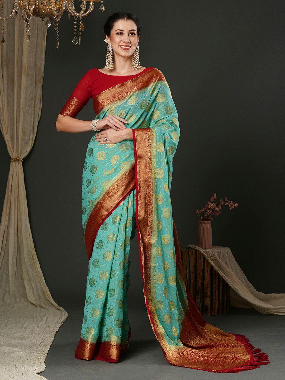 anouk turquoise blue ethnic motifs woven design pure georgette kanjeevaram saree