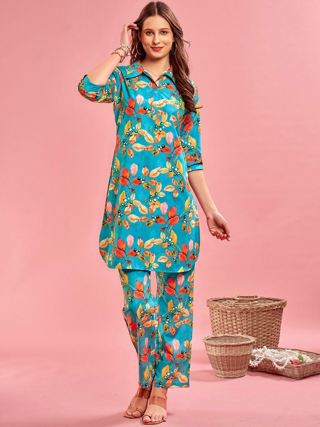 anouk turquoise blue floral printed tunic with trouser