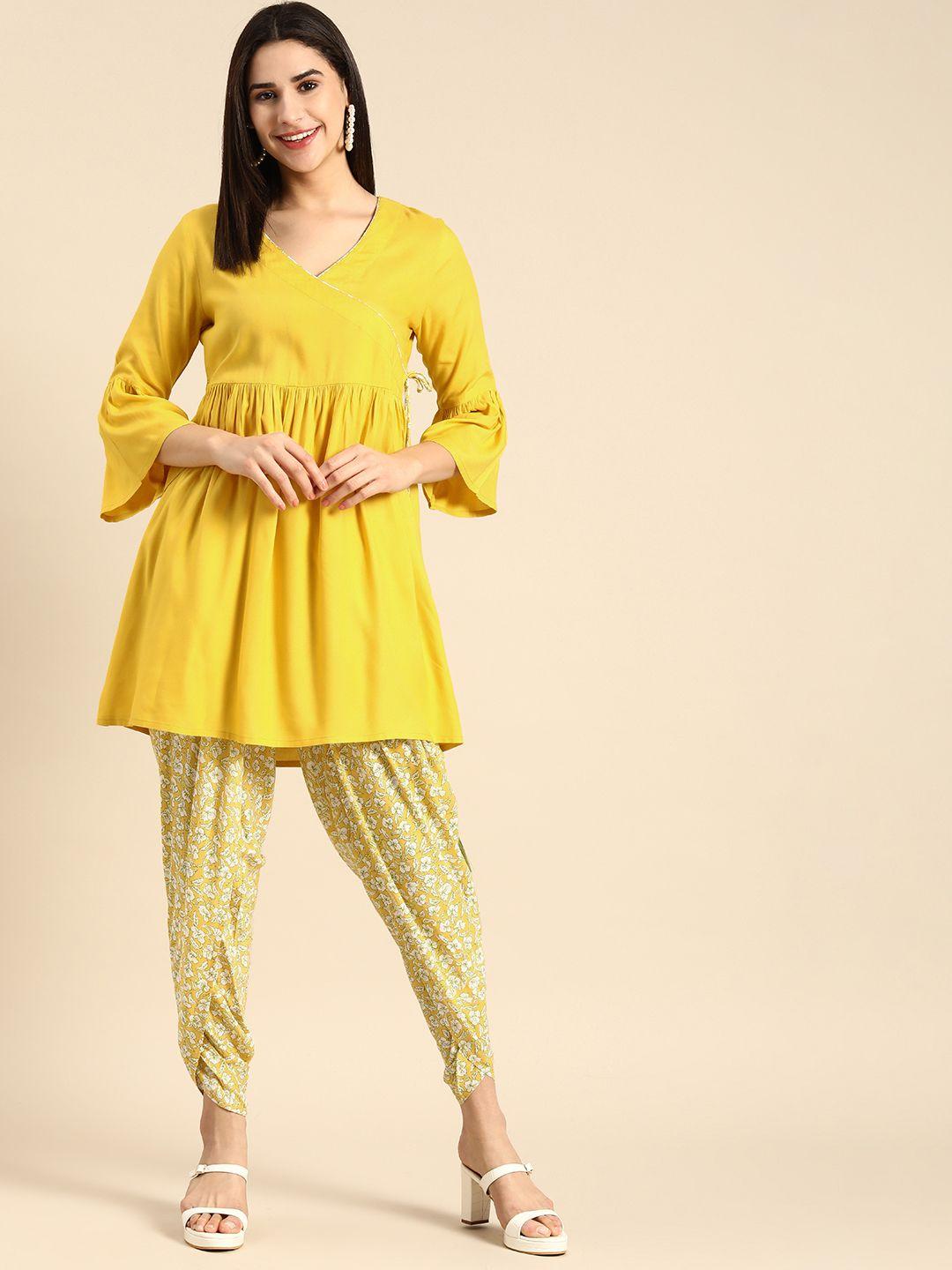 anouk v-neck angrakha kurti with floral dhoti pants