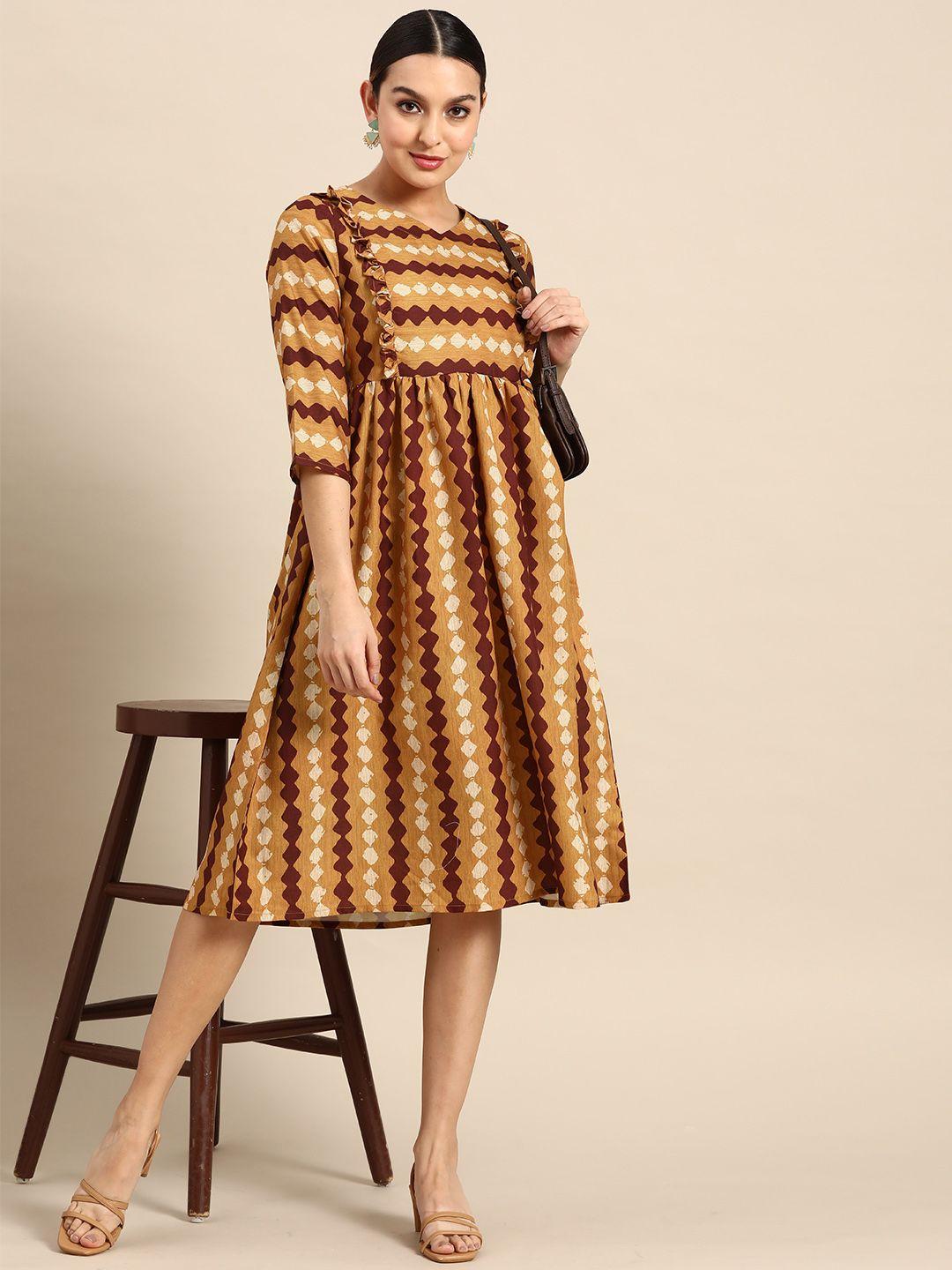 anouk v-neck frilled printed a-line dress with gathered waist