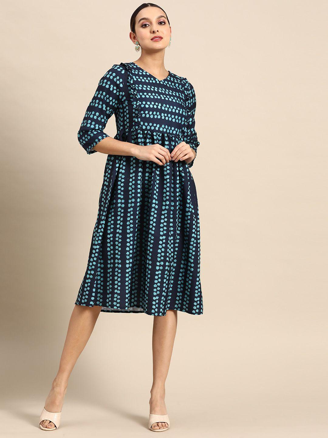 anouk v-neck frilled printed a-line dress with gathered waist