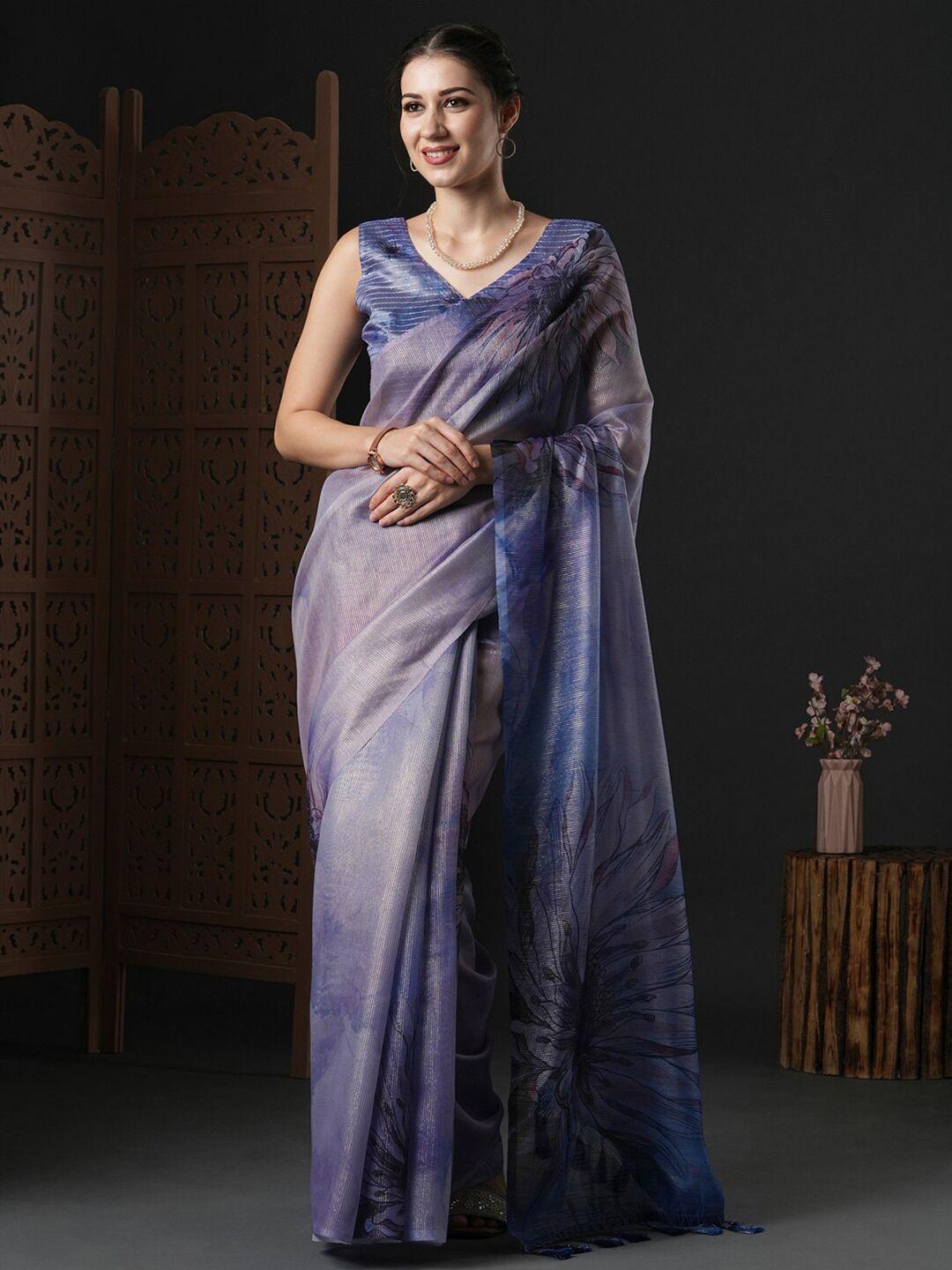 anouk violet & black floral printed organza saree