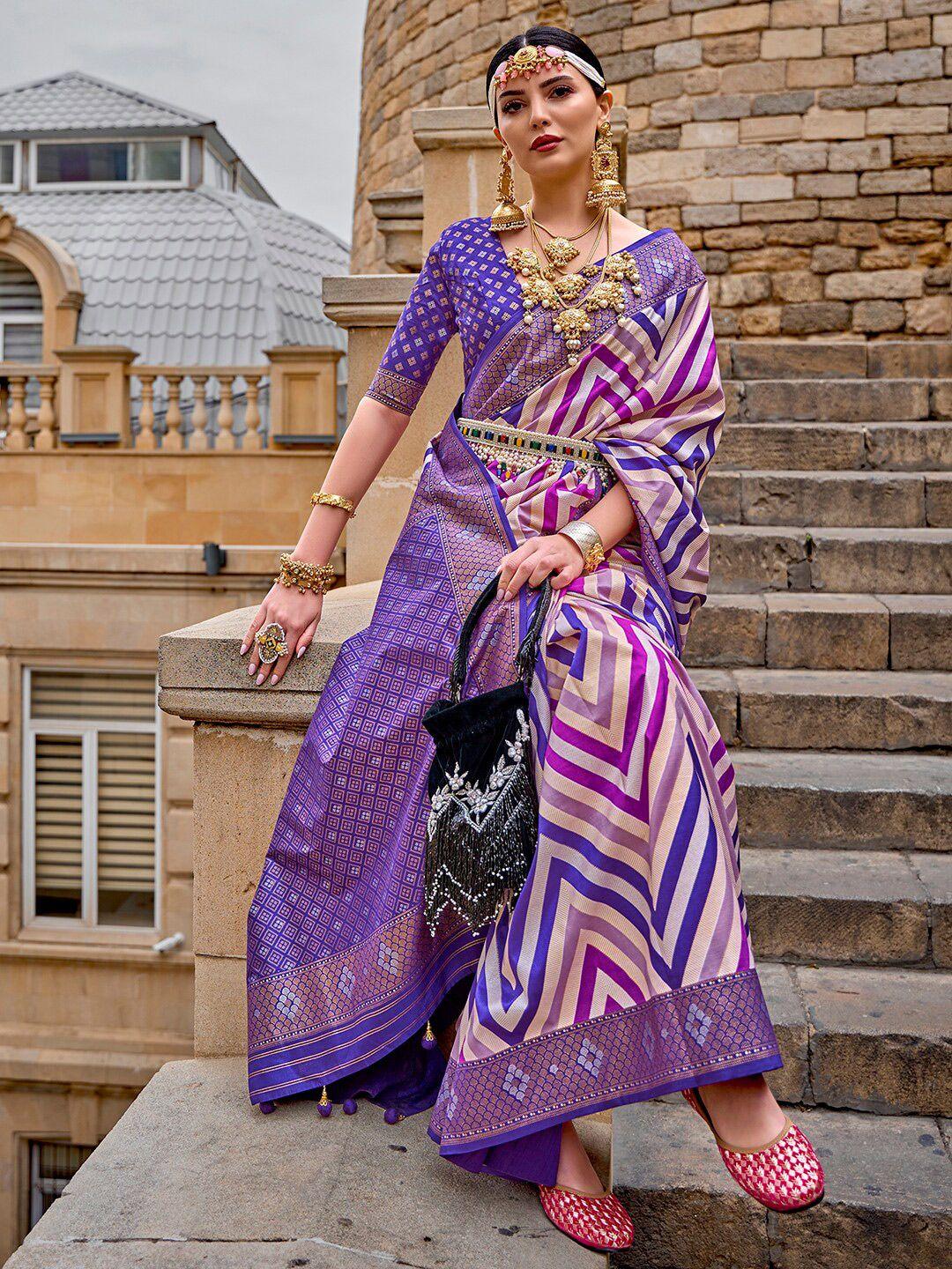 anouk violet & gold-toned chevron printed zari banarasi saree