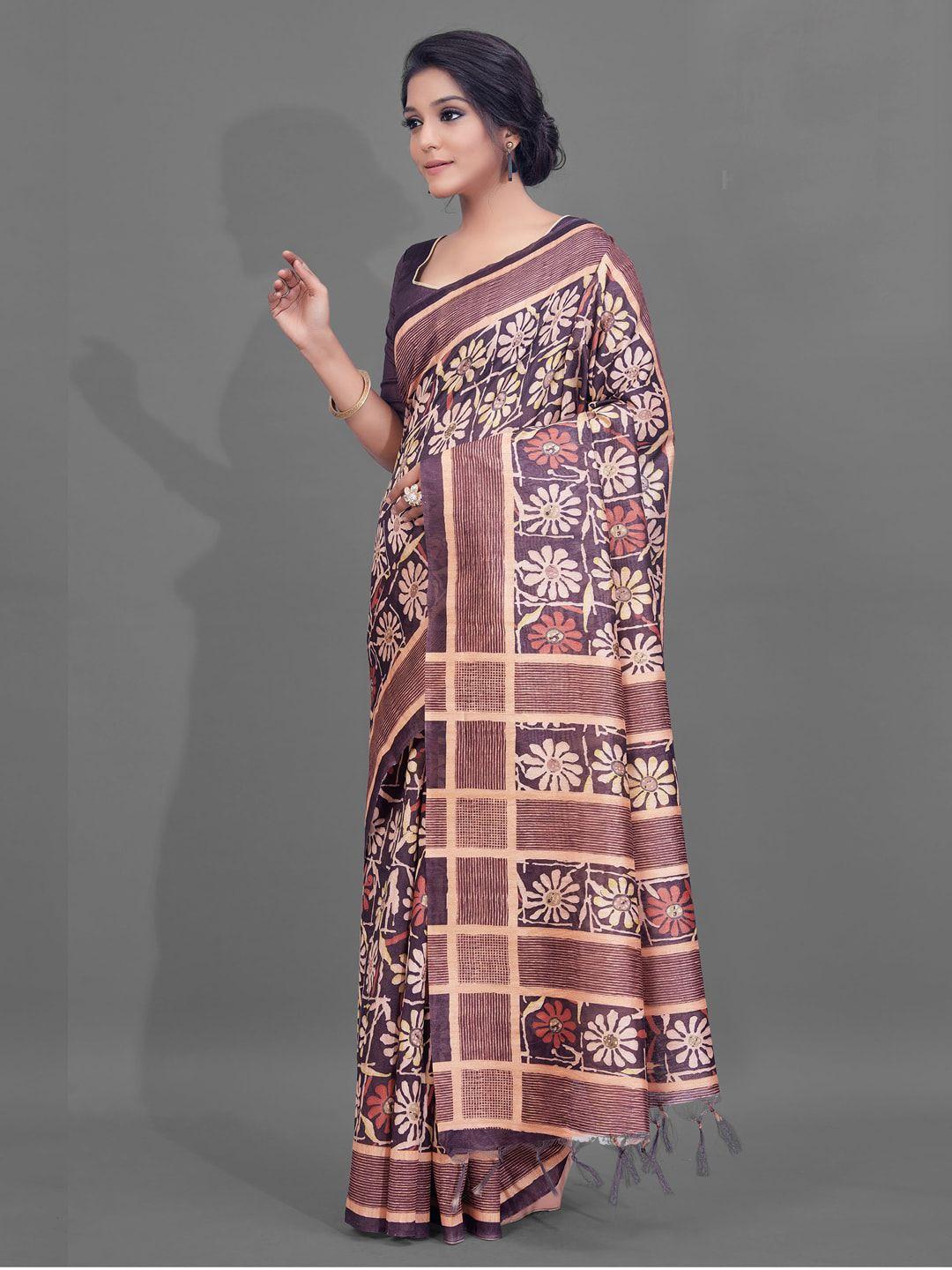 anouk violet & peach-coloured ethnic motifs printed baluchari saree