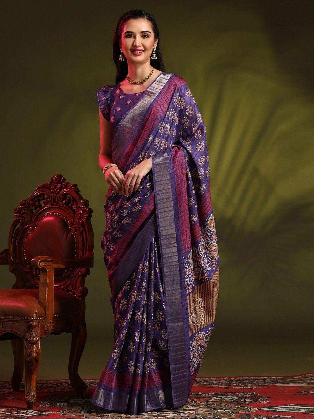 anouk violet floral printed zari sungudi saree