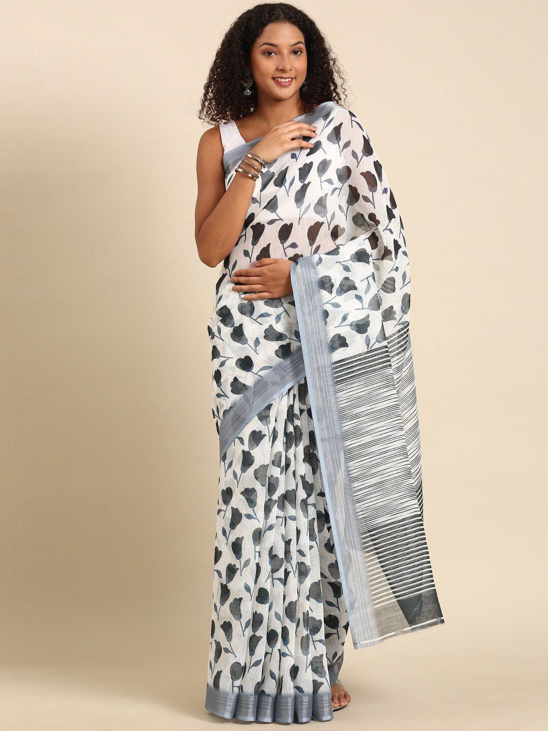 anouk white & black ethnic motifs zari linen blend saree