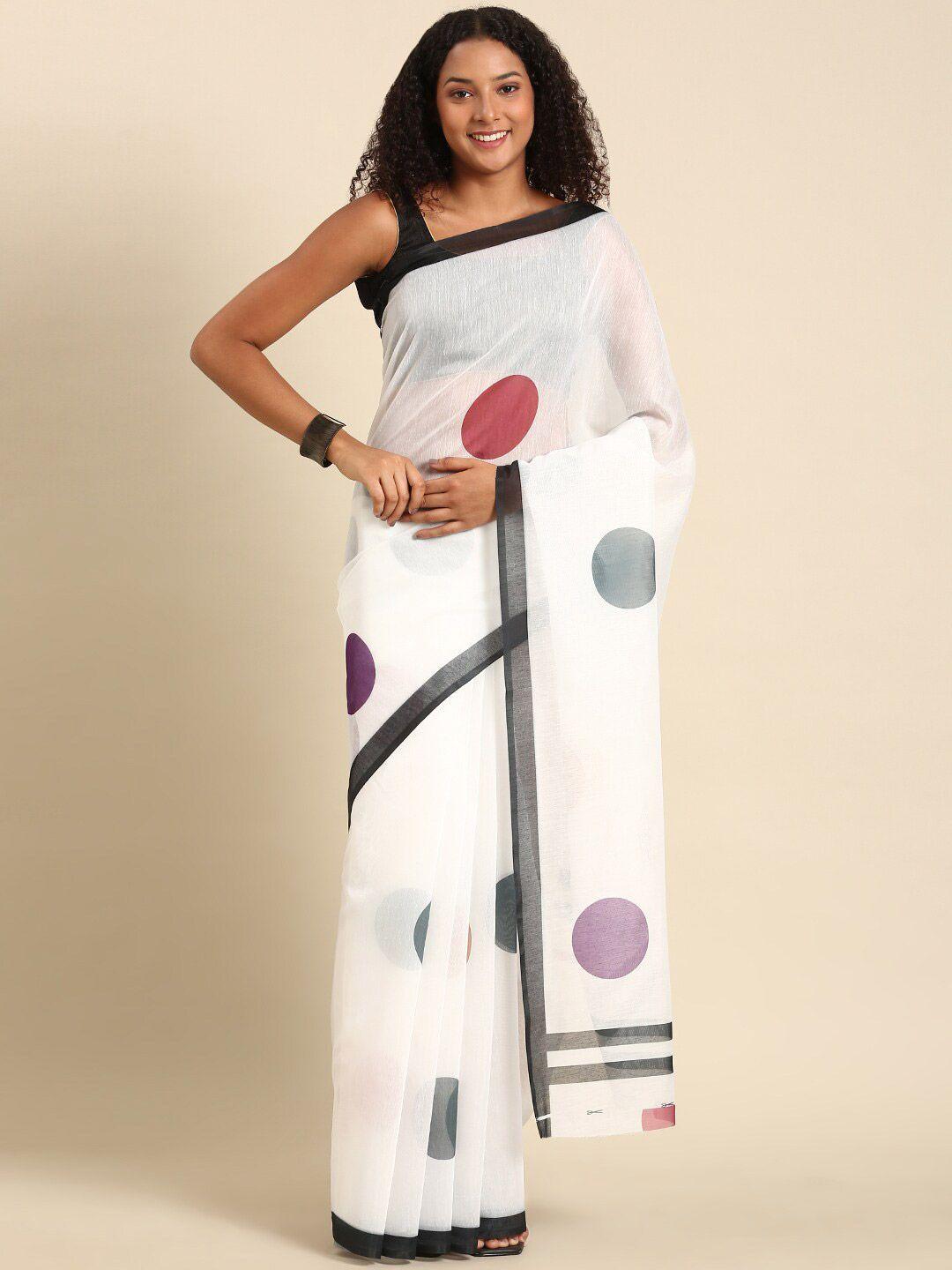 anouk white & black polka dot pure cotton saree