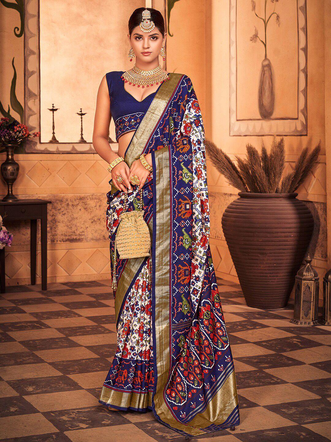 anouk white & blue ethnic motifs printed zari patola saree