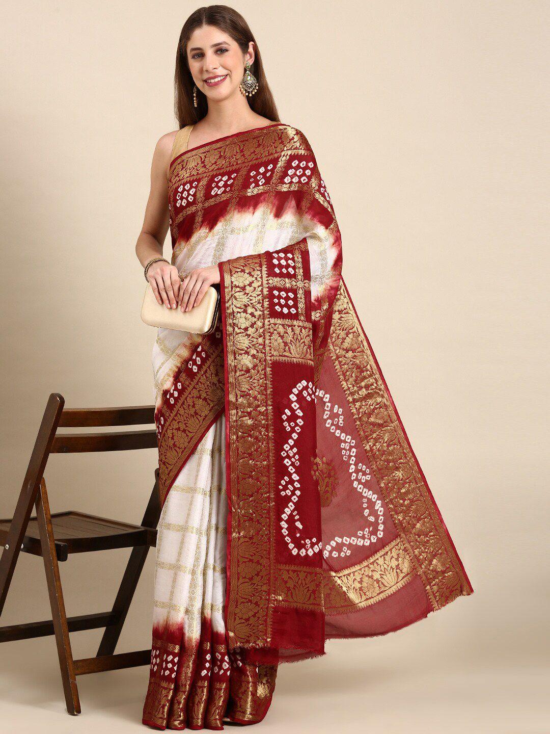 anouk white & brown ethnic motif woven design zari bandhani saree