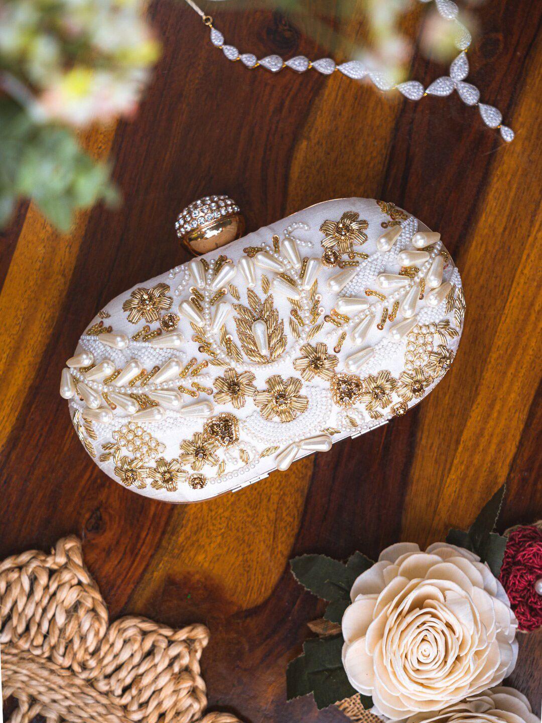 anouk white & gold-toned embroidered box clutch