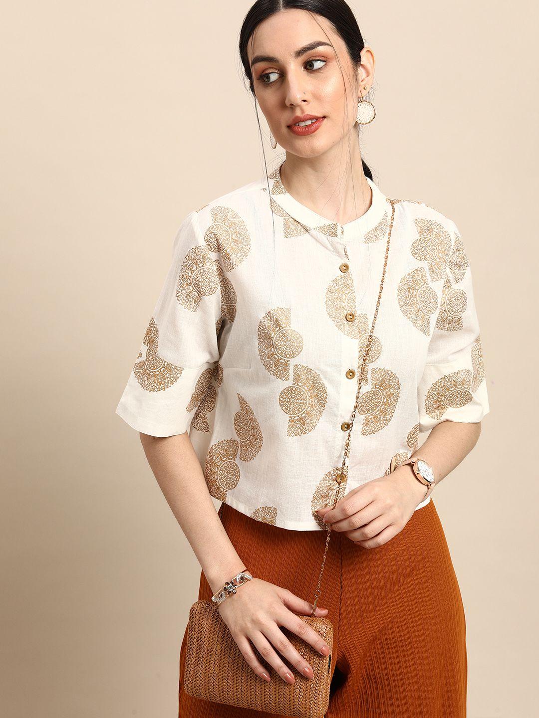 anouk white & gold-toned print mandarin collar pure cotton boxy crop top