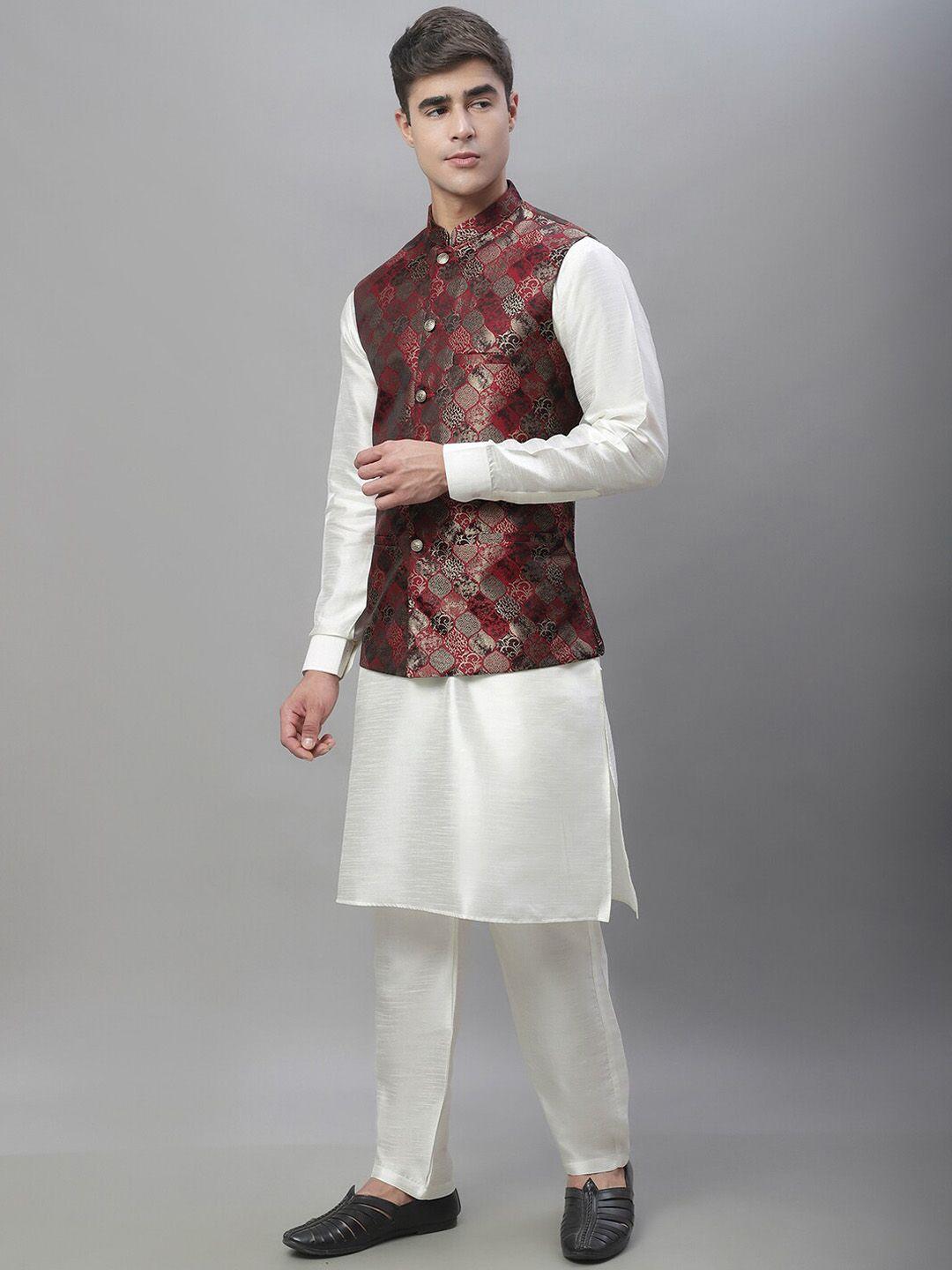 anouk white & maroon regular kurta with pyjamas & nehru jacket
