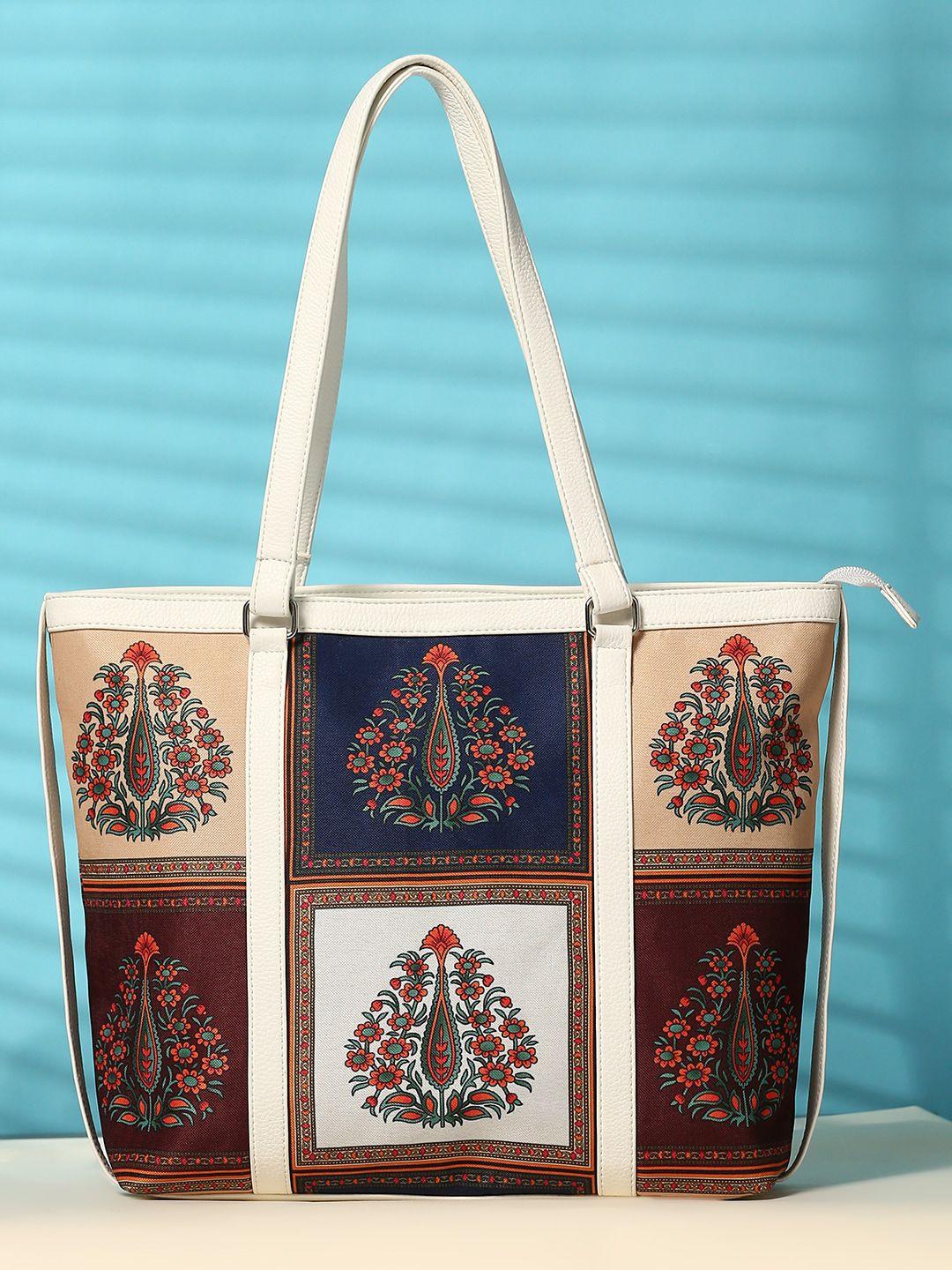 anouk white & navy blue ethnic motifs printed structured shoulder bag