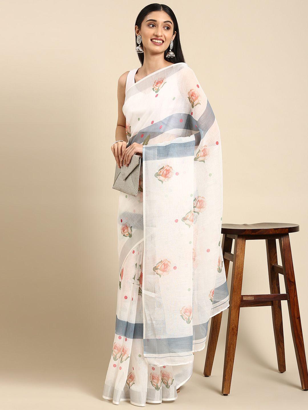 anouk white & peach-coloured ethnic motifs print pure linen saree