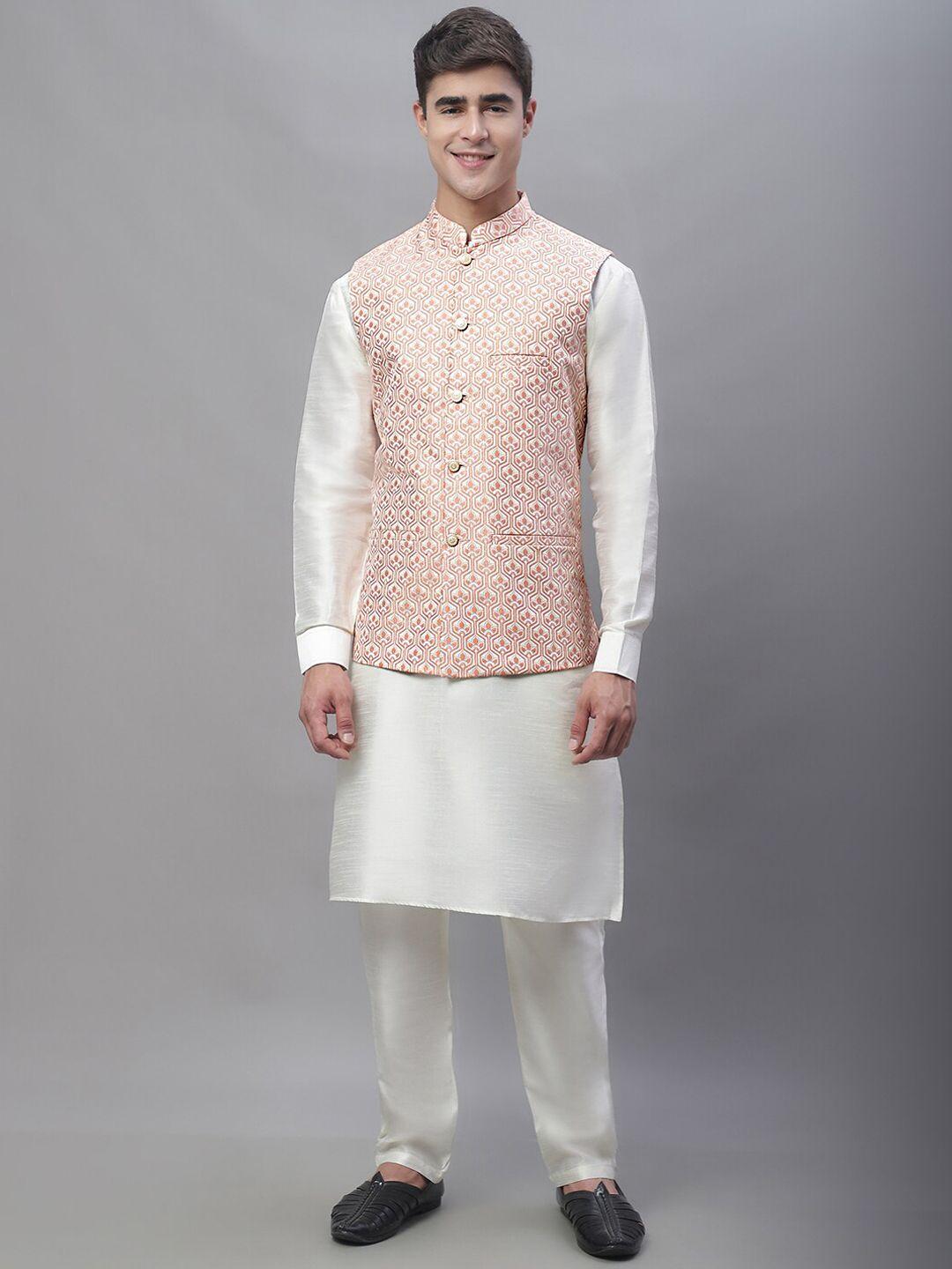anouk white & peached coloured band collar kurta with pyjamas & nehru jacket