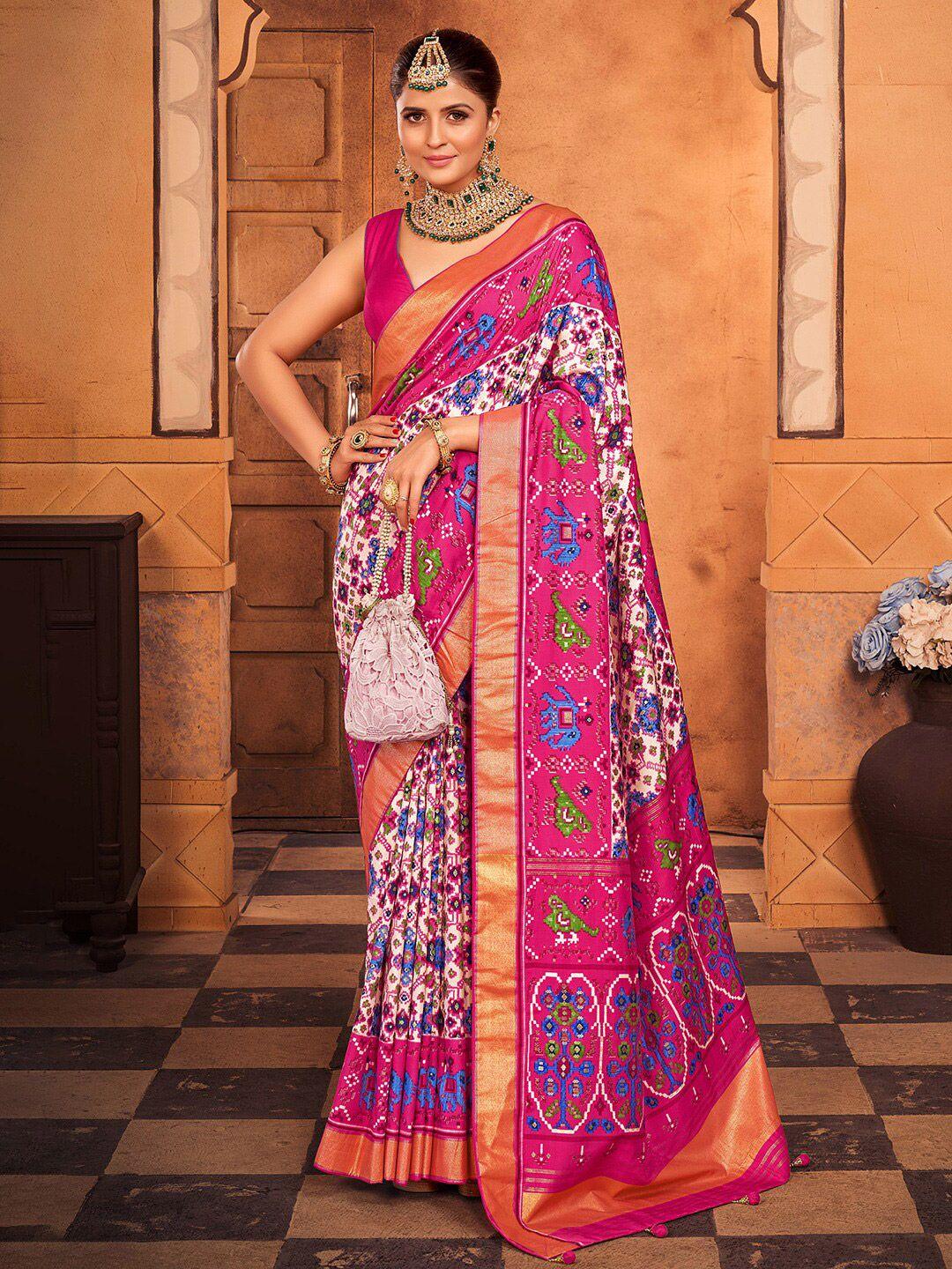 anouk white & pink ethnic motifs printed zari patola saree