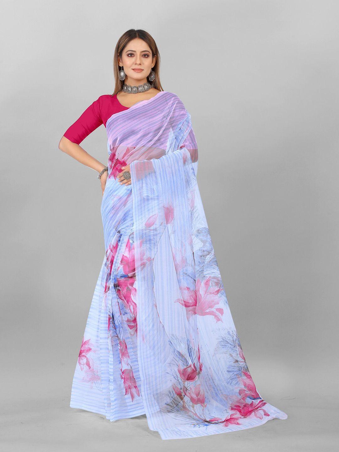 anouk white & pink floral printed organza tussar saree