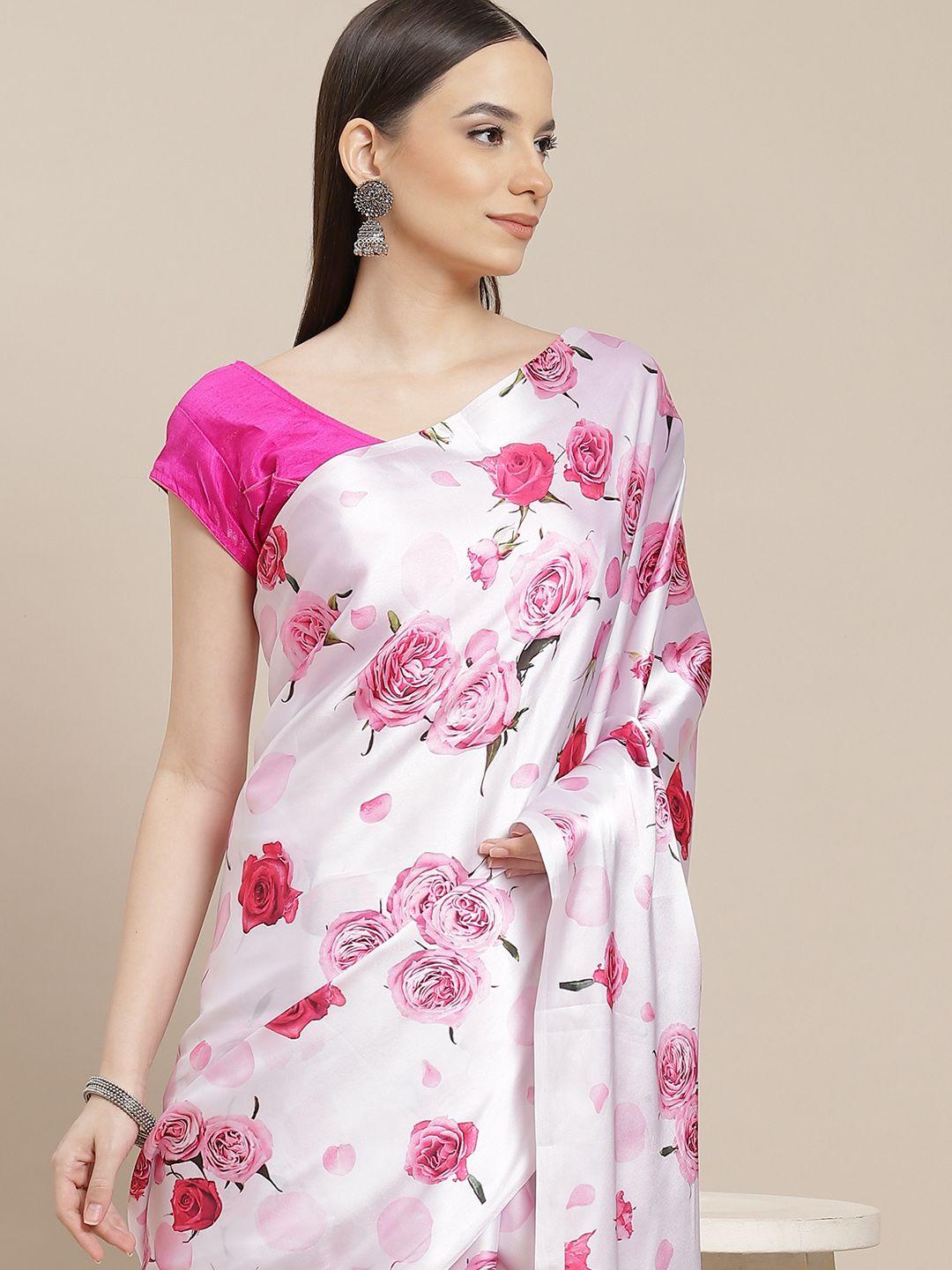 anouk white & pink floral printed satin saree