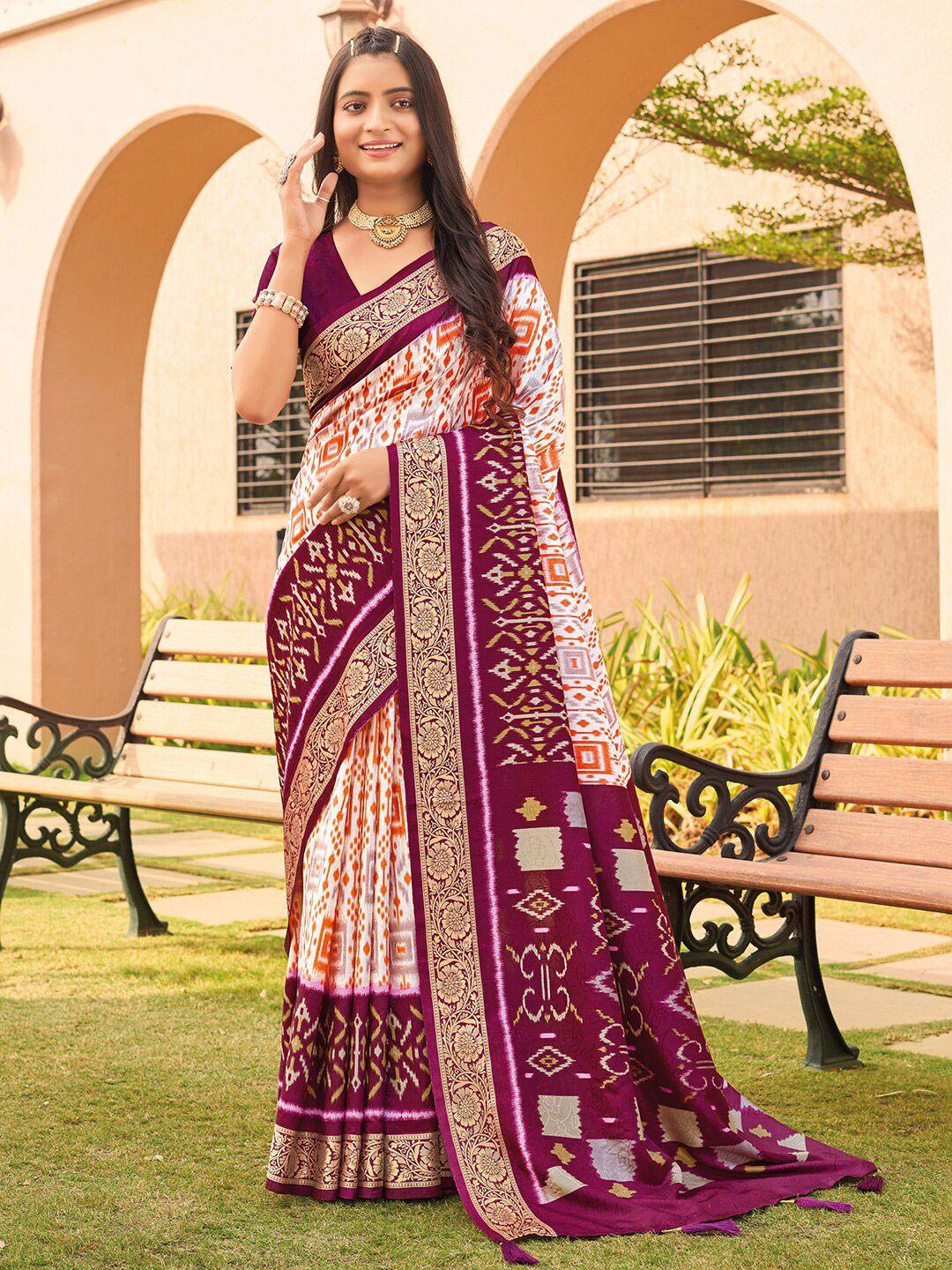 anouk white & purple ethnic motifs printed zari pochampally saree