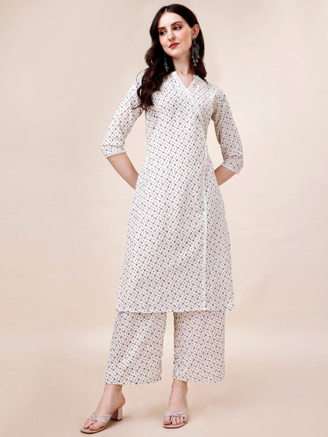 anouk white & purple floral printed straight pure cotton kurta with palazzos