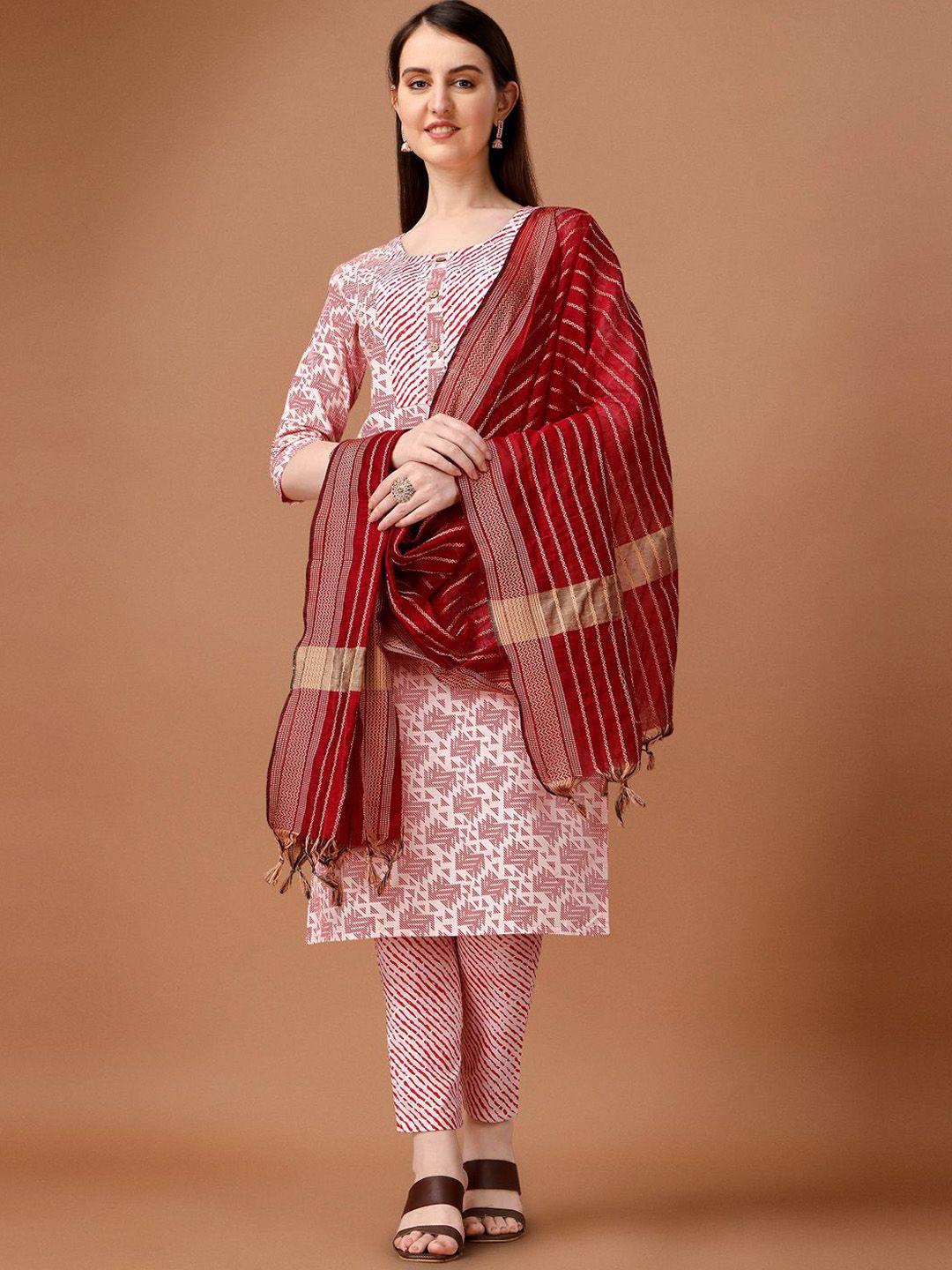 anouk white & red geoemtric printed pure cotton kurta with trousers & dupatta