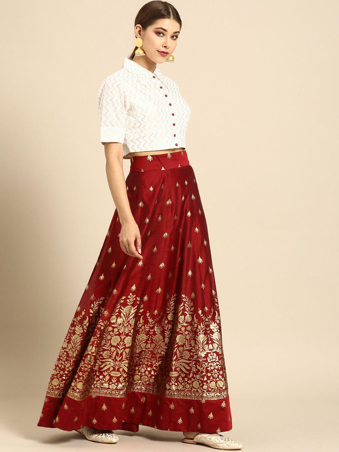 anouk white & red printed ready to wear lehenga & blouse with dupatta