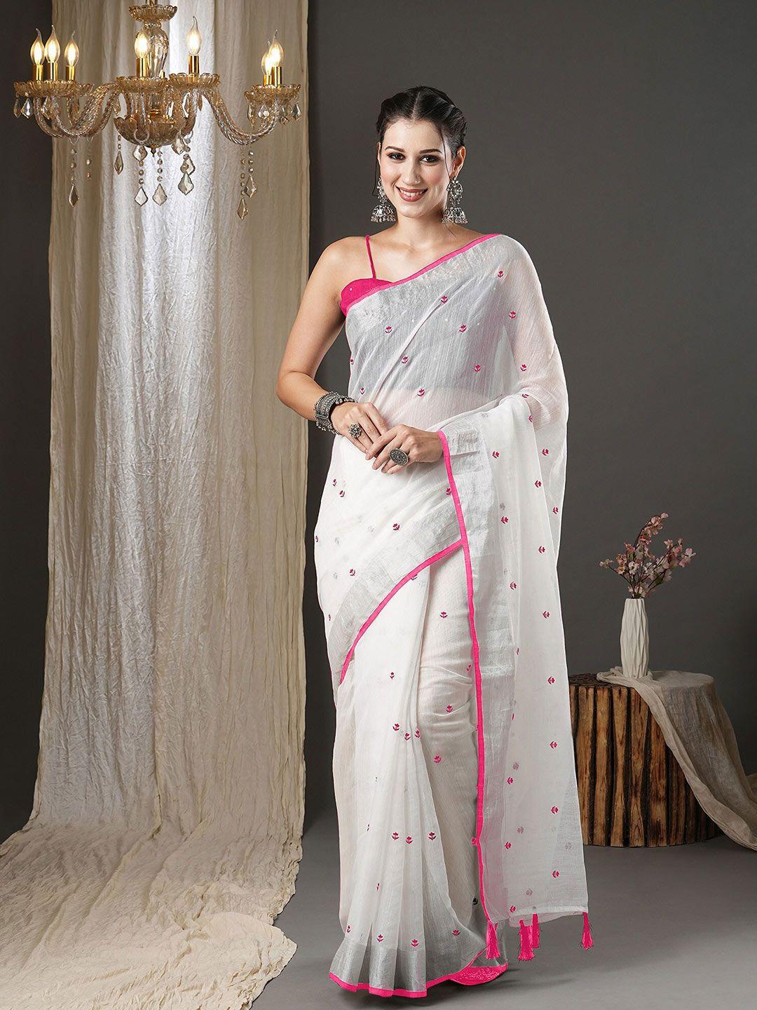 anouk white ethnic motifs embroidered zari silk cotton saree